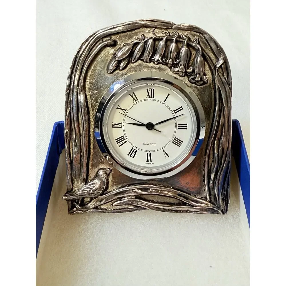 Silver Scenes Silverplated Mini Clock with Bird and Blue Bells